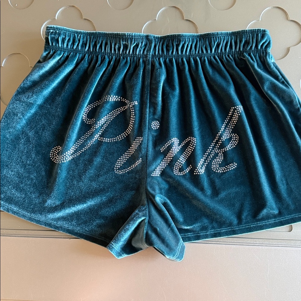 Victoria's Secret PINK Rhinestone Green Velvet Velour Boxer Shorts Size S - Picture 13 of 13